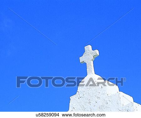 Picture - outdoors, sky, cross, church, Aegean sea. Fotosearch
