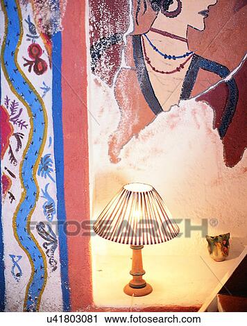Stock Image - painting, interior, table, light, lamp, Aegean sea. Fotosearch