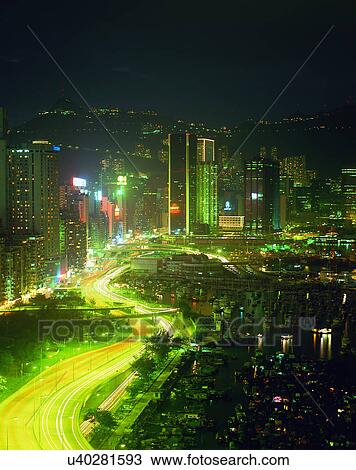 Stock Image - road, outdoor, city light, night, city, cars. Fotosearch