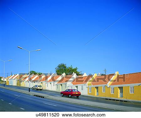 Stock Image - road, outdoor, houses, sky, light, lamp. Fotosearch
