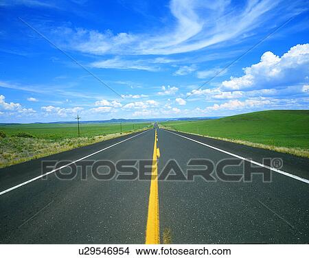 Picture - road, straight, outdoor, landscape, sky, clouds. Fotosearch