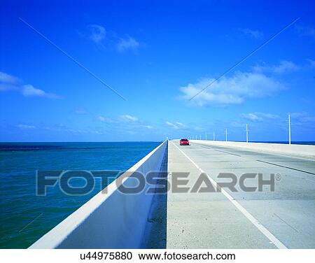 Stock Image - road, straight, outdoor, ocean, water, bridge. Fotosearch
