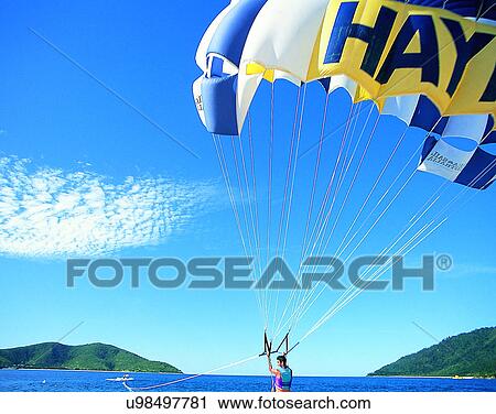 Stock Image - scenery, Australia, watersports, sky, parachute, person. Fotosearch