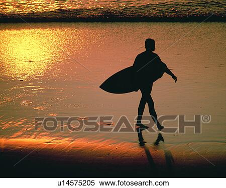 Stock Photography - summer, outdoors, water, sunset, waves, surfboard. Fotosearch