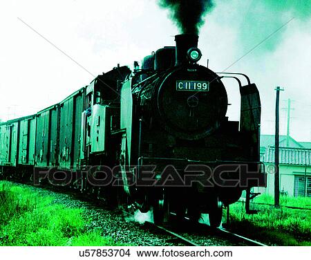 Picture - train, travel, transportation, outdoors, daylight, smoke. Fotosearch