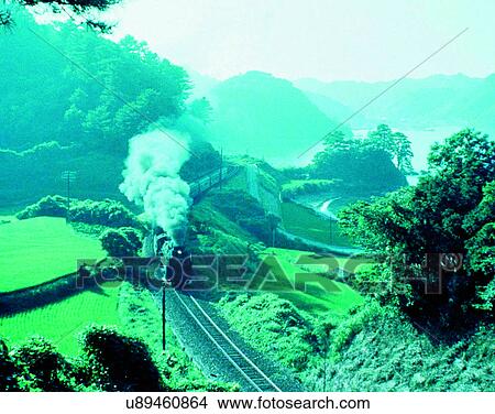 Picture - train, travel, transportation, outdoors, daylight, aerial view. Fotosearch