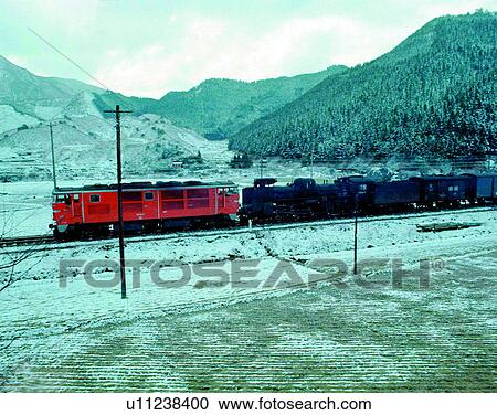 Stock Image - train, travel, transportation, outdoors, daylight, fields. Fotosearch