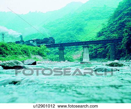 Stock Image - train, travel, transportation, outdoors, daylight, bridge. Fotosearch