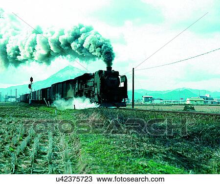 Stock Image - train, travel, transportation, outdoors, daylight, fields. Fotosearch
