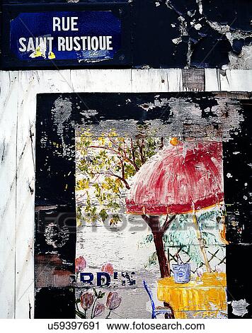 Stock Image - wall, close-up, painting, mural, France, sign. Fotosearch