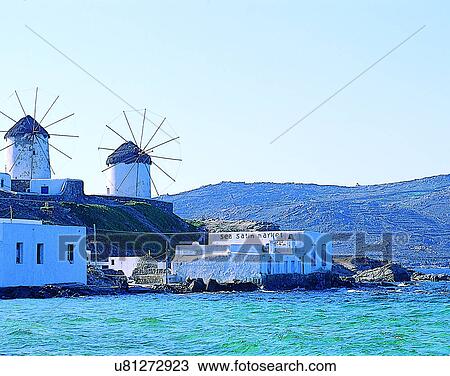 water, outdoors, buildings, windmills, seaside, Aegean sea View Large Photo Image Stock Image - water, outdoors, buildings, windmills, seaside, Aegean sea. Fotosearch