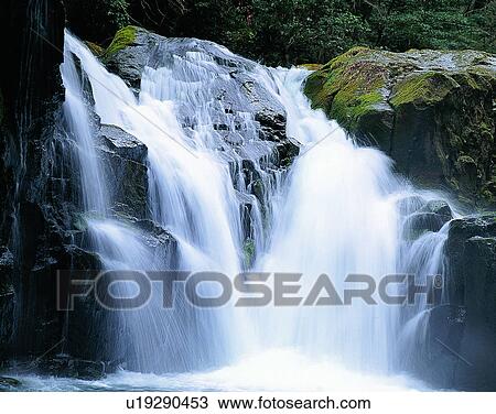 Stock Image - waterfall, nature, outdoors, rocks, plants, moss. Fotosearch