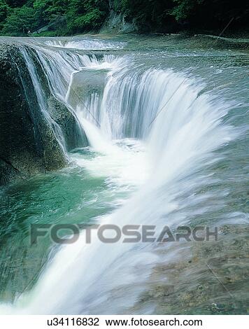 Stock Image - waterfall, nature, outdoors, rocks, trees. Fotosearch