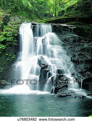 Stock Image - waterfall, nature, outdoors, rocks, trees, plants. Fotosearch