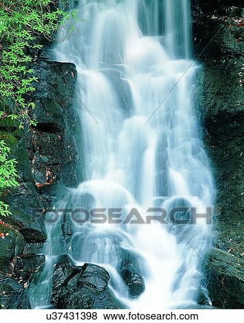 Stock Photo - waterfall, nature, outdoors, rocks, plants, leaves. Fotosearch