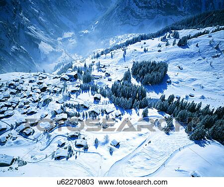 Stock Image - winter, snow, outdoors, buildings, mountains, landscape. Fotosearch