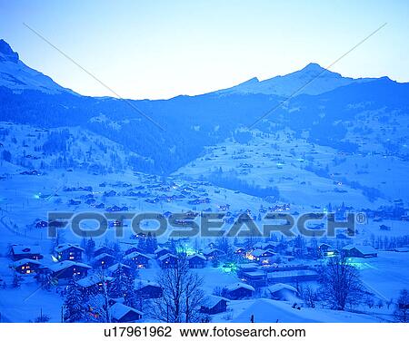 Stock Image - winter, snow, outdoors, sky, buildings, mountains. Fotosearch