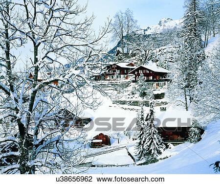 Stock Image - winter, snow, outdoors, sky, buildings, village. Fotosearch