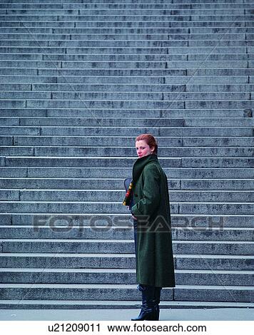 woman, outdoors, city, stairs, steps, coat View Large Photo Image Stock Image - woman, outdoors, city, stairs, steps, coat. Fotosearch