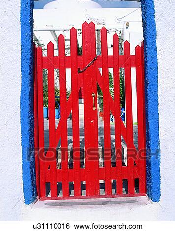 Stock Photograph - wood, outdoors, red, gate, doorway, Aegean sea. Fotosearch