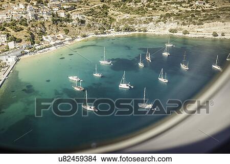 Picture - Aerial view of boats in bay at Pythagoreio, Samos, Greece. Fotosearch