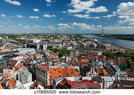Stock Image - Aerial view of Riga center and Daugava river from St. Peter's Church, Riga, Latvia. Fotosearch