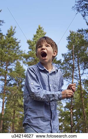 Boy standing in forest, holding stick, mouth open shouting View Large Photo Image Stock Photo - Boy standing in forest, holding stick, mouth open shouting. Fotosearch