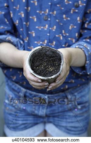 Stock Image - Close up of girl holding flower pot with seeds. Fotosearch