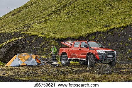 Stock Image - Customised SUV at remote camp on the Icelandic highlands, Hungurfit, Fjallabak, Iceland. Fotosearch