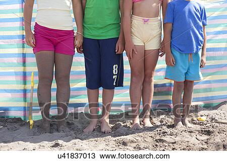 Stock Image - Four friends standing by windbreaker on beach wearing shorts, Wales, UK. Fotosearch