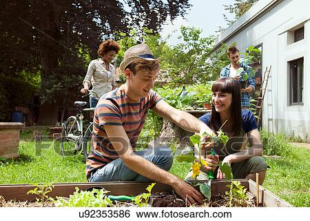 Stock Photograph - Friends gardening. Fotosearch