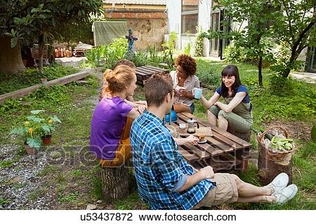 Friends sitting in garden View Large Photo Image Stock Image - Friends sitting in garden. Fotosearch