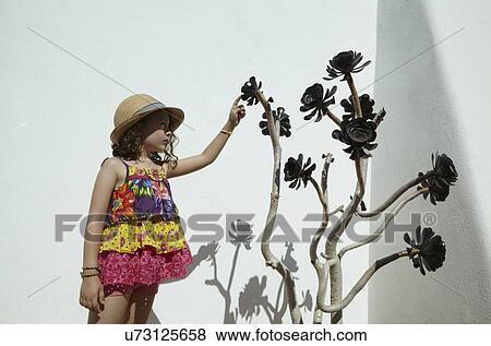 Girl touching exotic plant View Large Photo Image Stock Photo - Girl touching exotic plant. Fotosearch