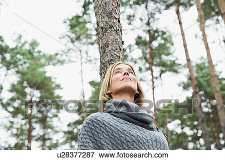 Stock Photo - Mid adult woman in forest, low angle. Fotosearch