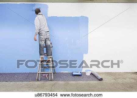 Rear view of man painting wall blue View Large Photo Image Picture - Rear view of man painting wall blue. Fotosearch