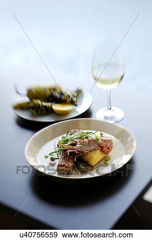 Still life with prawn, potato and micro greens View Large Photo Image Stock Photo - Still life with prawn, potato and micro greens. Fotosearch