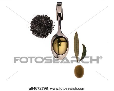 Studio shot with olive, leaves, pepper and olive oil on spoon View Large Photo Image Stock Photo - Studio shot with olive, leaves, pepper and olive oil on spoon. Fotosearch