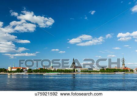 Stock Image - View of Riga over Daugava river, Latvia. Fotosearch