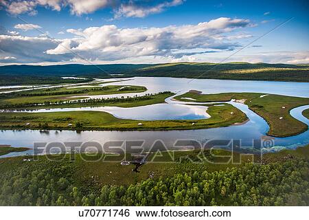 Stock Photograph - Water and landscape, Adolfstromm, Lapland, Sweden. Fotosearch