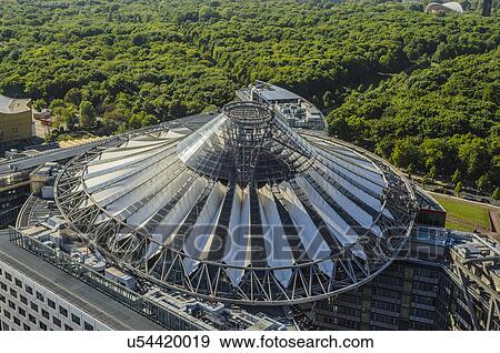 Stock Photo - Aerial view from building at Potsdamer Platz on roof of Sony Center with Tiergarten park in background, Berlin, Germany. Fotosearch