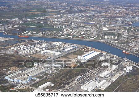Stock Photo - Aerial view of canals, port and idustry, Venice, Italy. Fotosearch