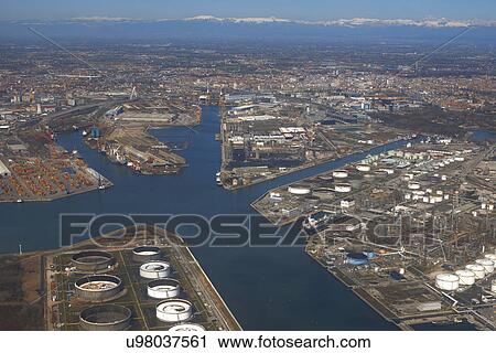 Stock Image - Aerial view of industrial port, Venice, Italy. Fotosearch