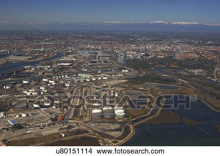 Picture - Aerial view of industrial waterfront, Venice, Italy. Fotosearch