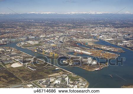 Stock Photograph - Aerial view of ports and idustry, Venice, Italy. Fotosearch