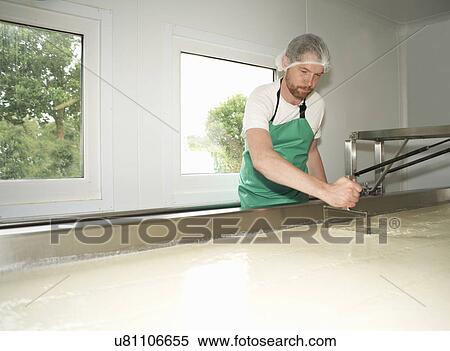 Stock Photography - Cheesemaker slicing through curds at farm factory. Fotosearch