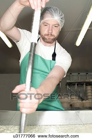 Cheesemaker stirring curds at farm factory View Large Photo Image Stock Photograph - Cheesemaker stirring curds at farm factory. Fotosearch