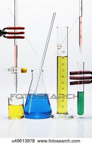 Stock Photo - Chemical lab glassware: burette over beaker, Erlenmeyer flask with stirring rod, graduated cylinder, pipette over test tube. Fotosearch