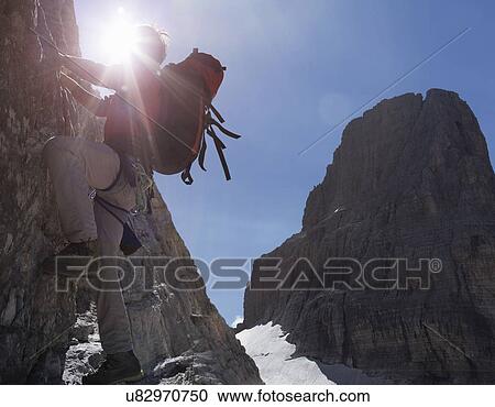 Stock Image - Climber on rocky wall, Brenta Dolomites, Italy. Fotosearch