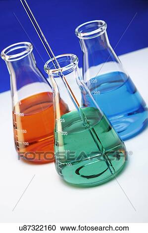 Stock Image - Erlenmeyer flasks containing red, green, and blue liquids, representing primary colors in the RGB color model. Fotosearch