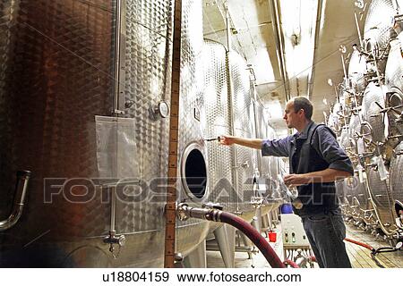 Man working in industrial wine cellar View Large Photo Image Stock Photo - Man working in industrial wine cellar. Fotosearch